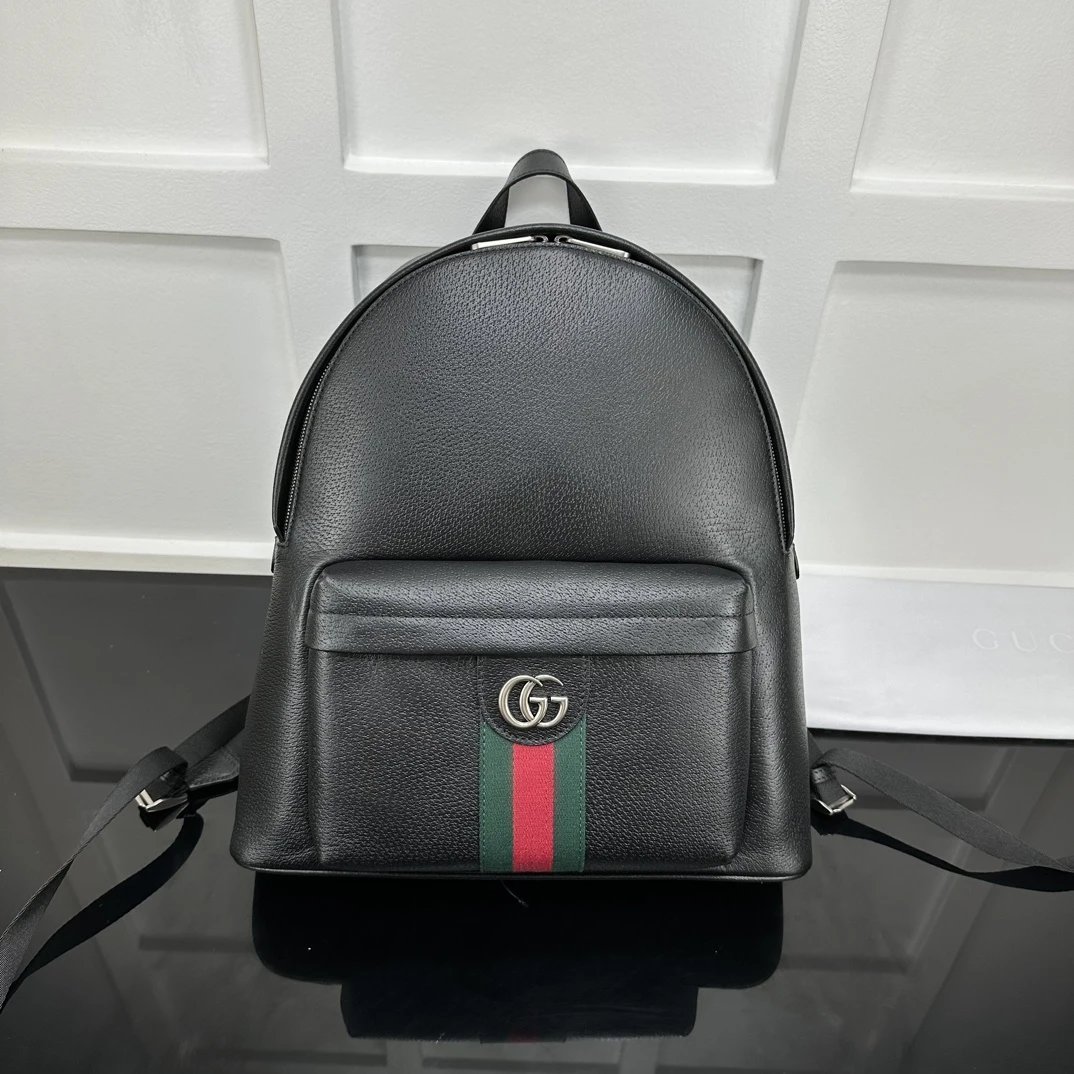 Gucci Black Leather Backpack with Web Stripe and Double G Logo